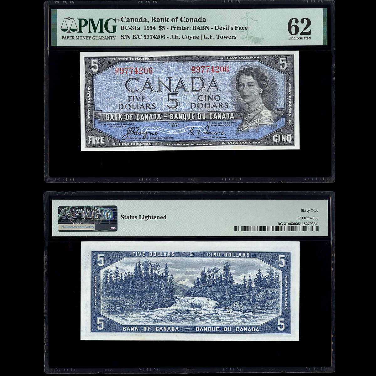 $5 1954 Devil's Face BC-31a Coyne-Towers Coyne-Towers Prefix B/C PMG UNC-62