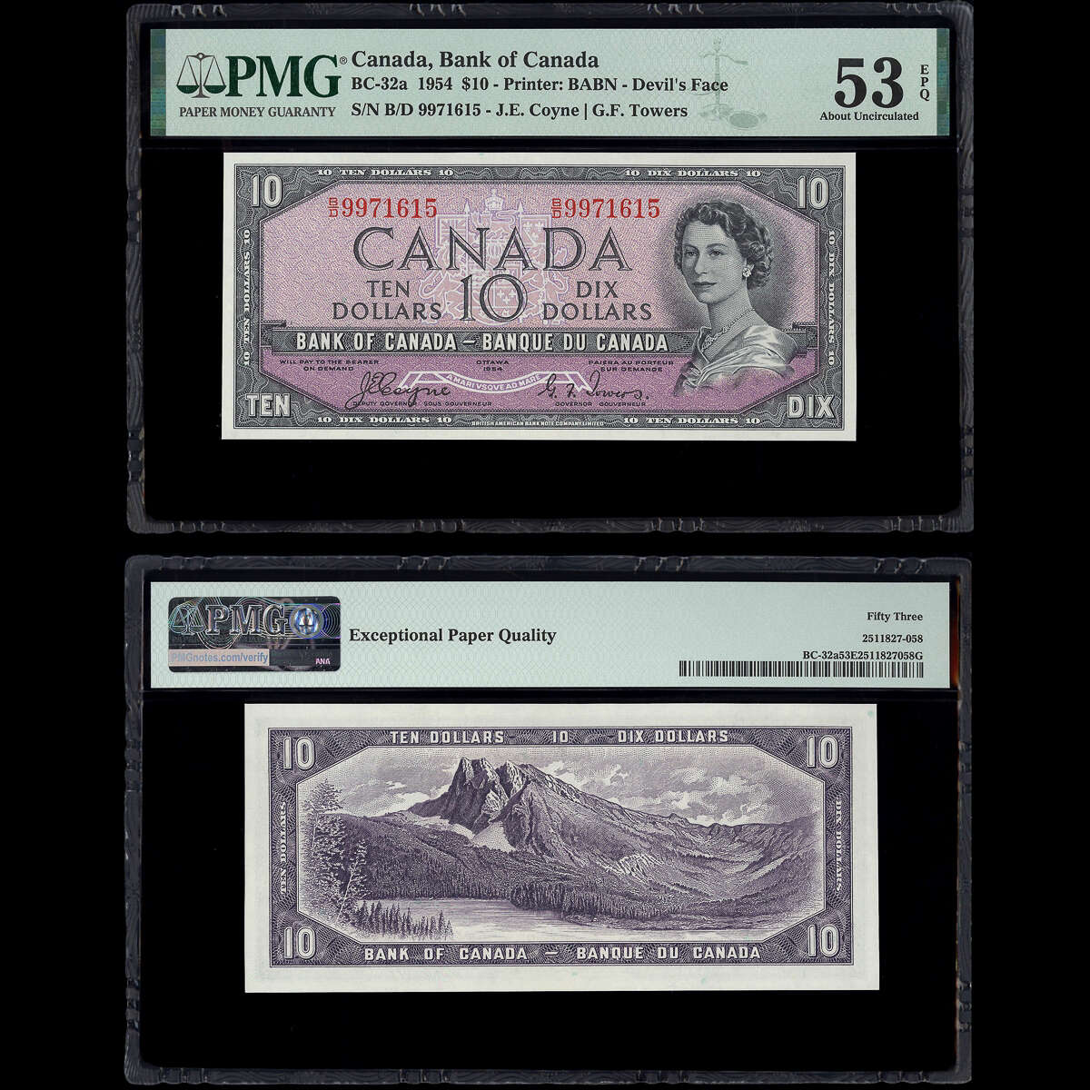 $10 1954 Devil's Face BC-32a Coyne-Towers Coyne-Towers Prefix B/D PMG AU-53