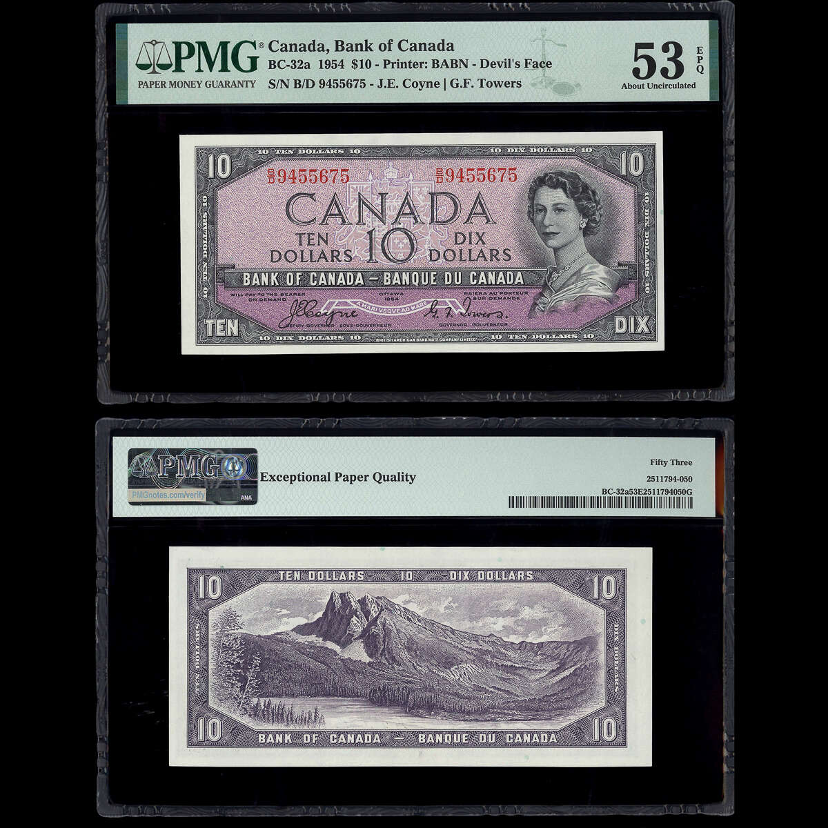 $10 1954 Devil's Face BC-32a Coyne-Towers Coyne-Towers Prefix B/D PMG AU-53