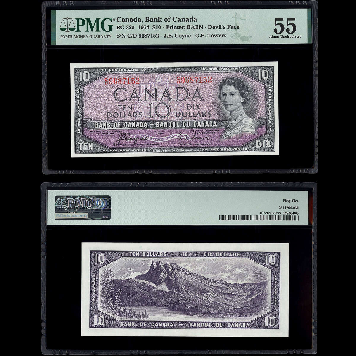 $10 1954 Devil's Face BC-32a Coyne-Towers Coyne-Towers Prefix C/D PMG AU-55