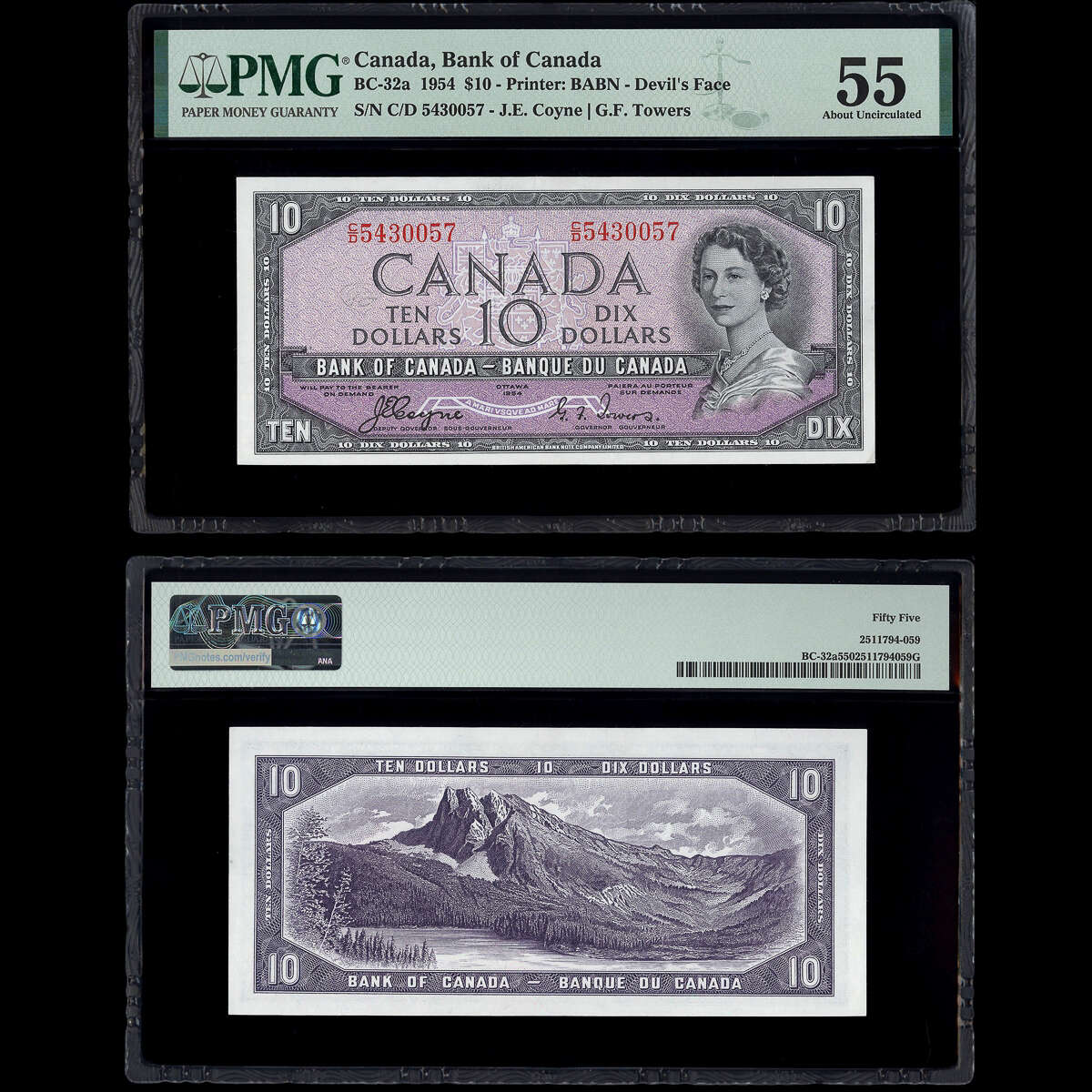 $10 1954 Devil's Face BC-32a Coyne-Towers Coyne-Towers Prefix C/D PMG AU-55