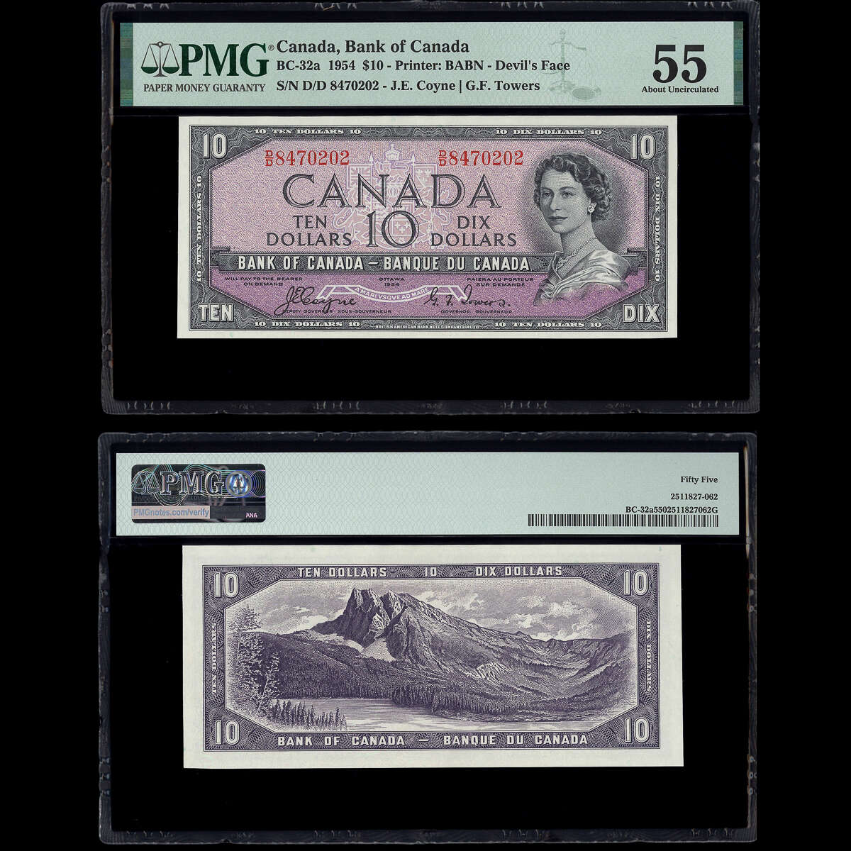 $10 1954 Devil's Face BC-32a Coyne-Towers Coyne-Towers Prefix D/D PMG AU-55