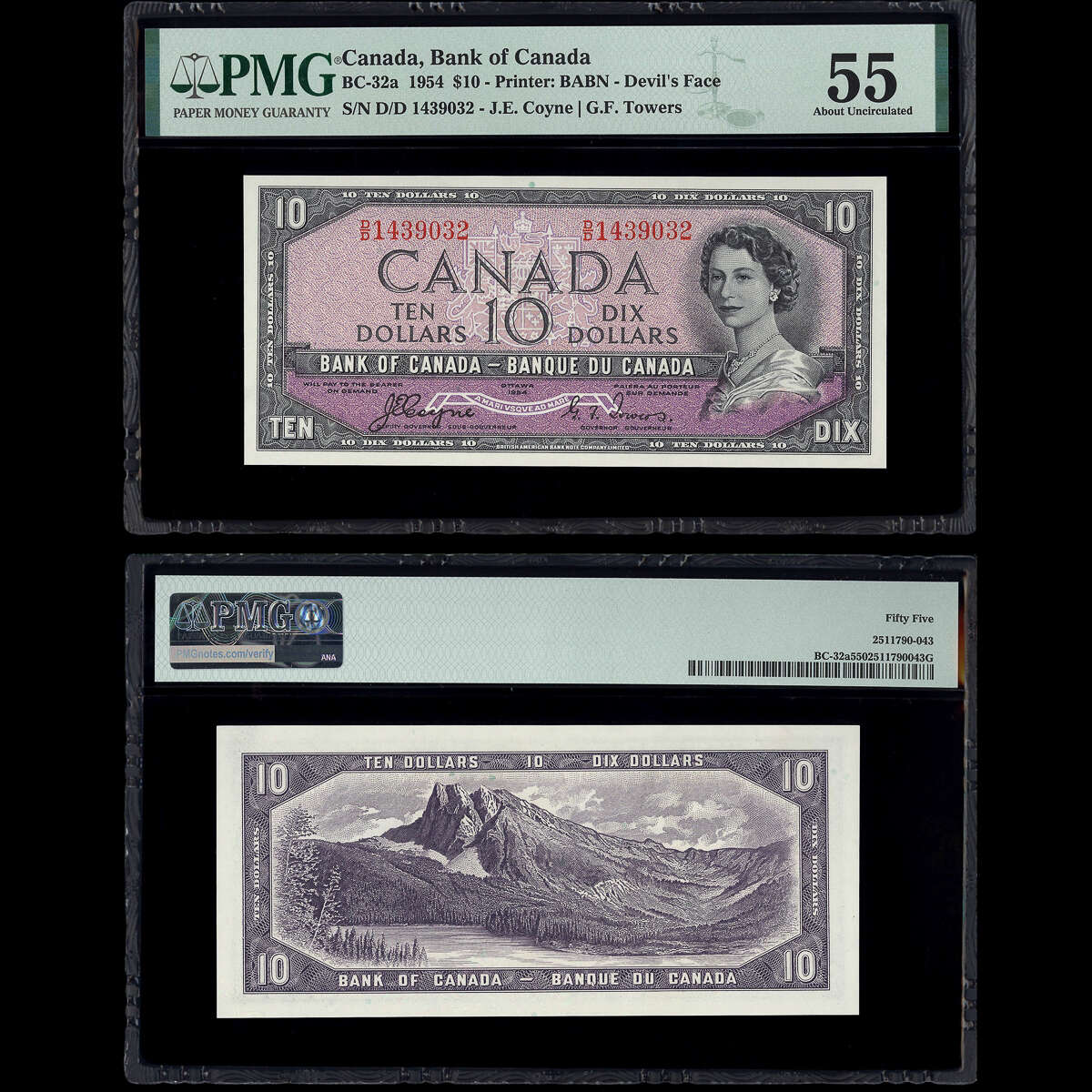 $10 1954 Devil's Face BC-32a Coyne-Towers Coyne-Towers Prefix D/D PMG AU-55