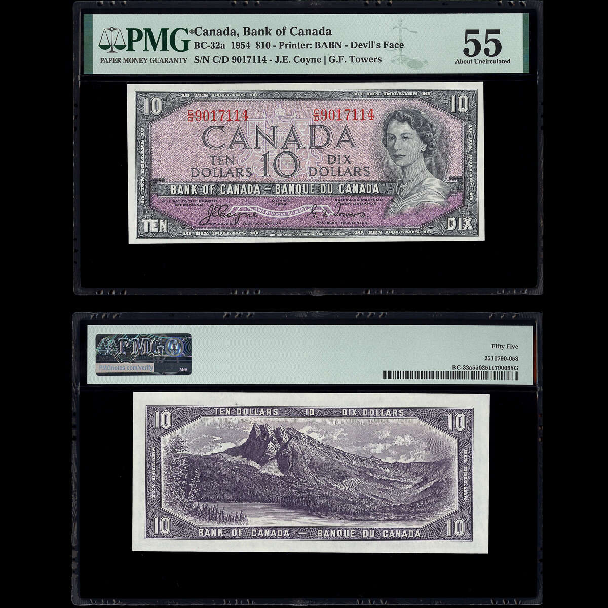 $10 1954 Devil's Face BC-32a Coyne-Towers Coyne-Towers Prefix C/D PMG AU-55