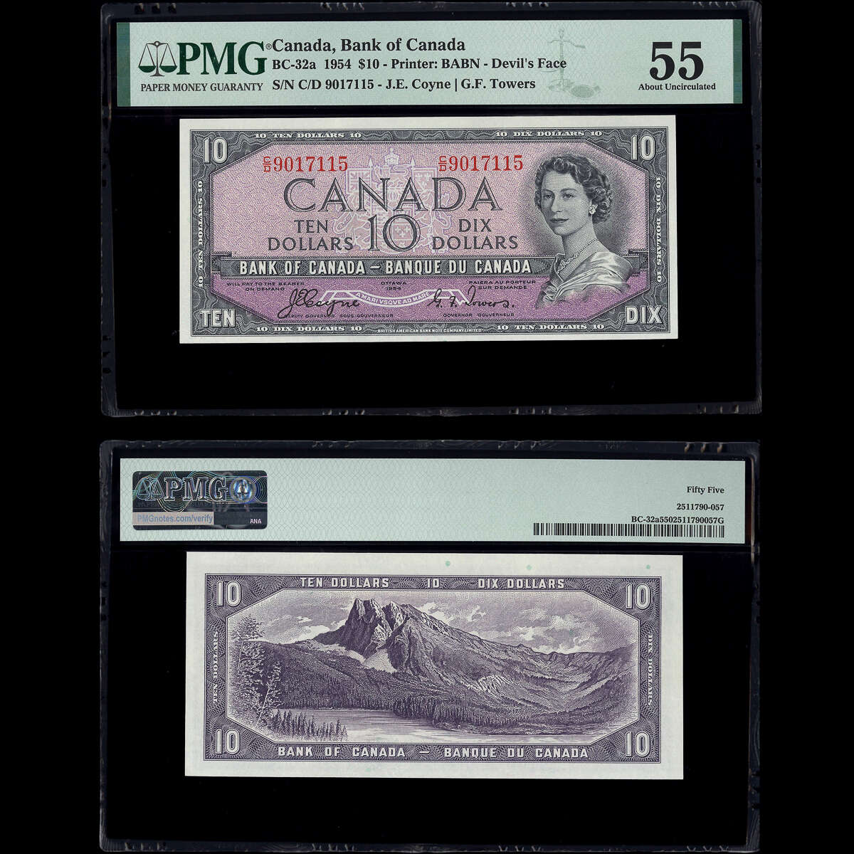 $10 1954 Devil's Face BC-32a Coyne-Towers Coyne-Towers Prefix C/D PMG AU-55