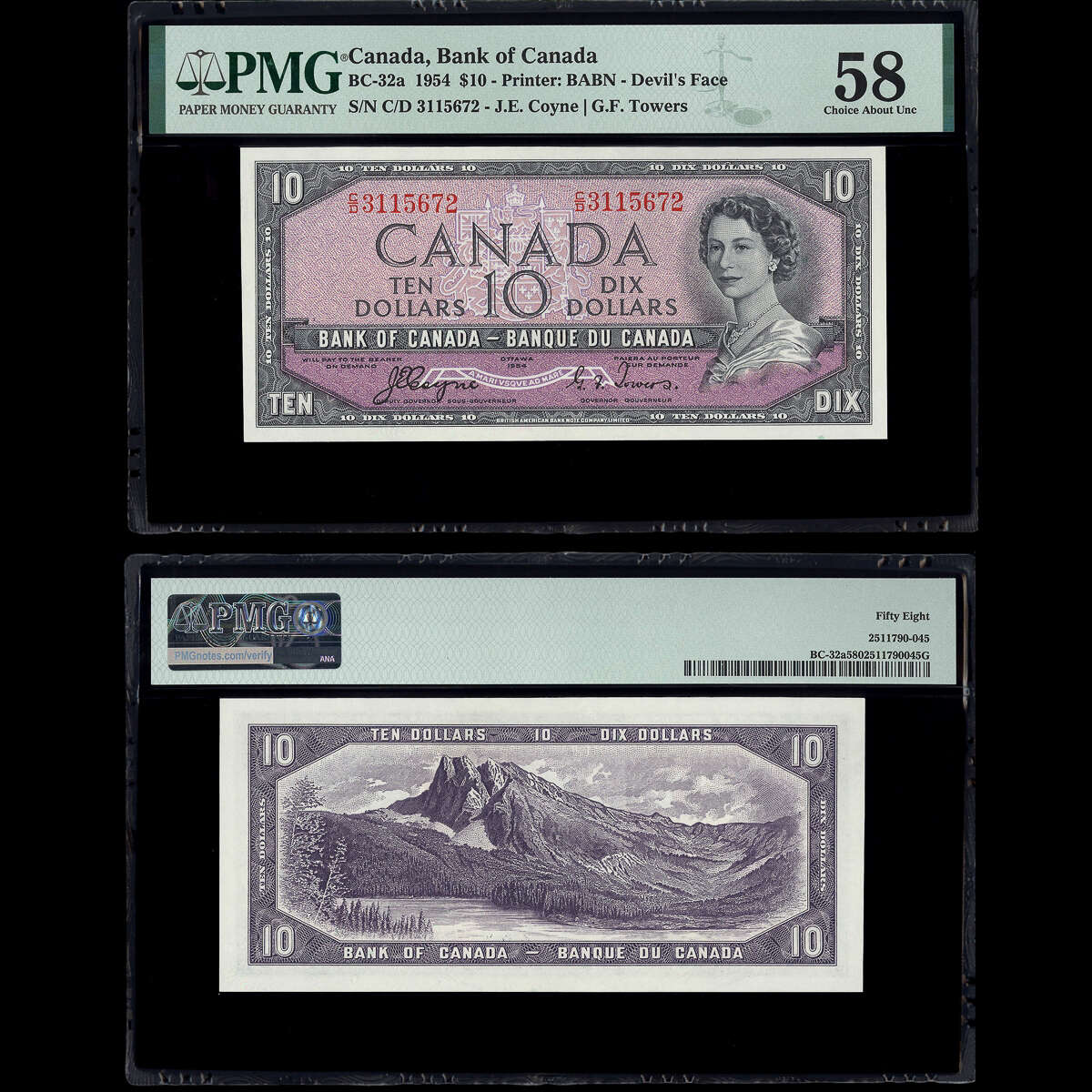 $10 1954 Devil's Face BC-32a Coyne-Towers Coyne-Towers Prefix C/D PMG AU-58