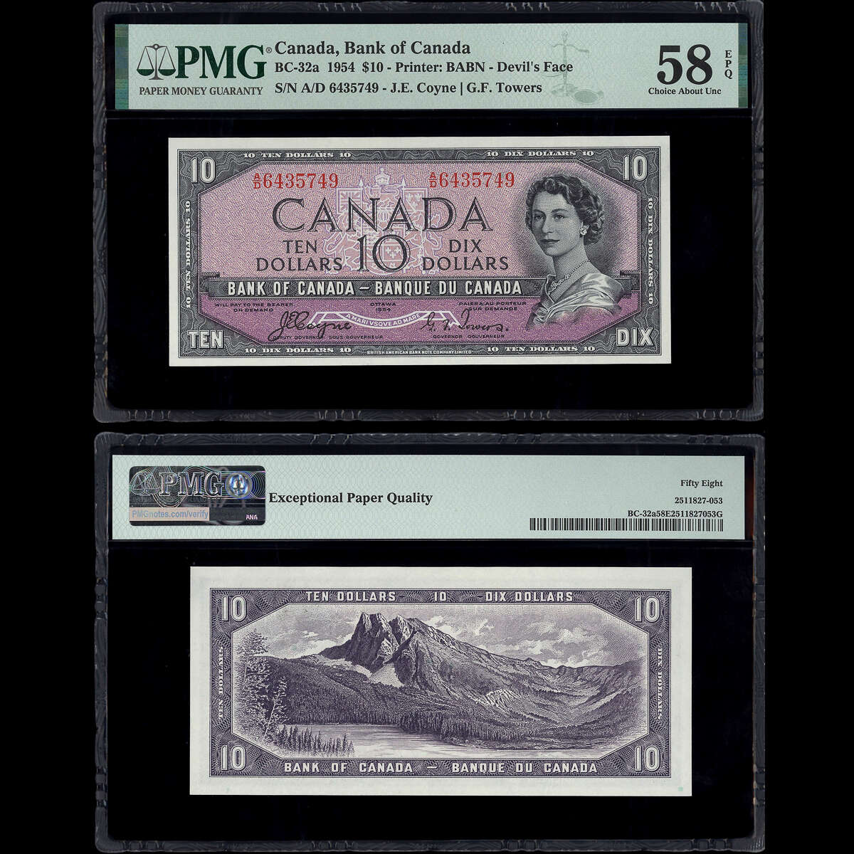 $10 1954 Devil's Face BC-32a Coyne-Towers Coyne-Towers Prefix A/D PMG AU-58