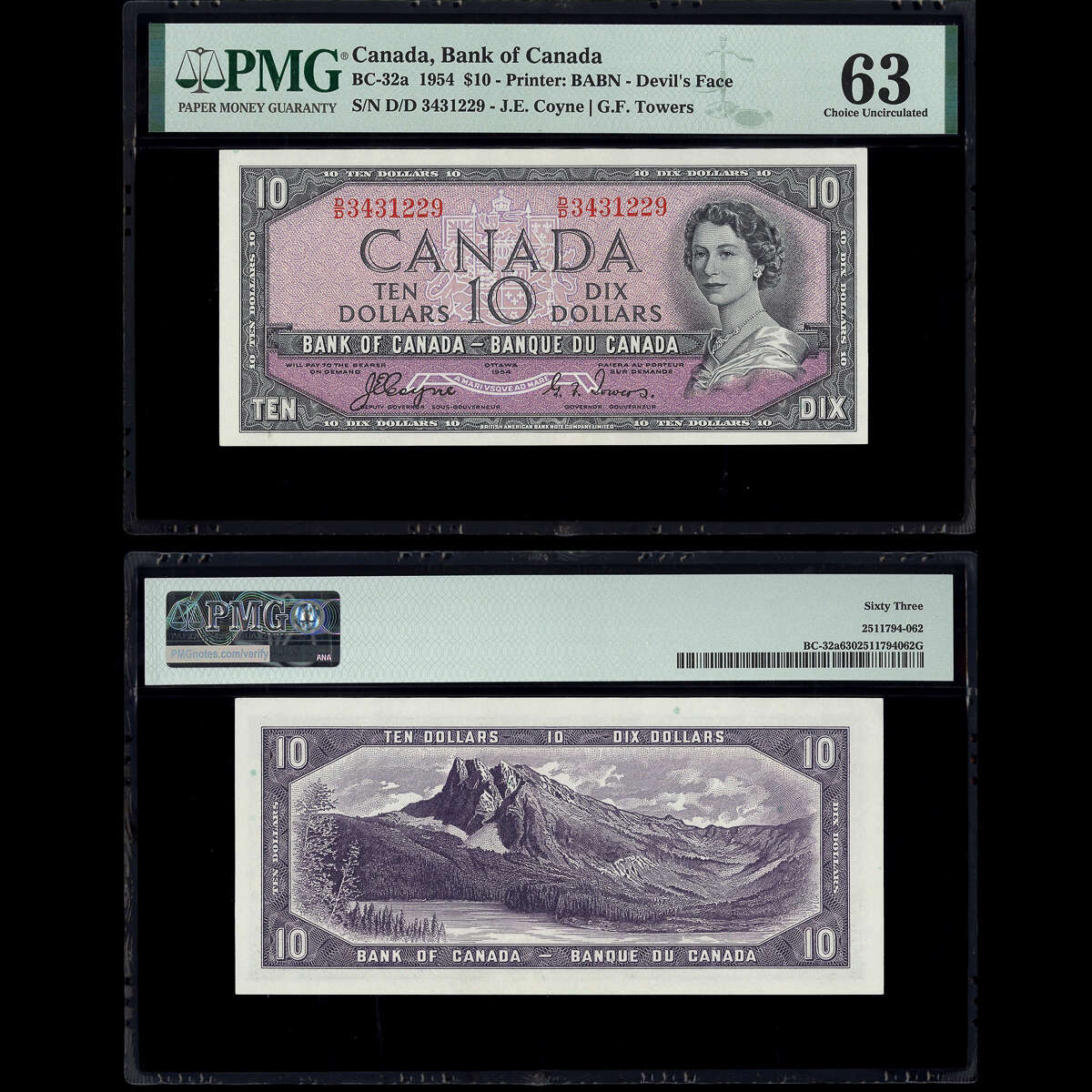 $10 1954 Devil's Face BC-32a Coyne-Towers Coyne-Towers Prefix D/D PMG CUNC-63