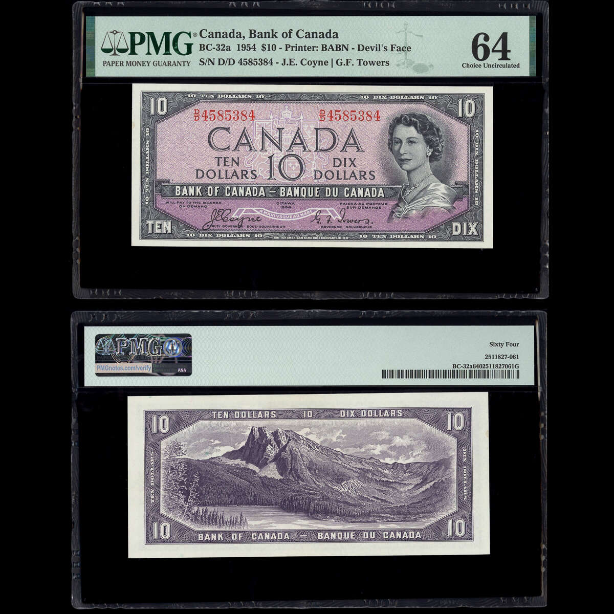 $10 1954 Devil's Face BC-32a Coyne-Towers Coyne-Towers Prefix D/D PMG CUNC-64