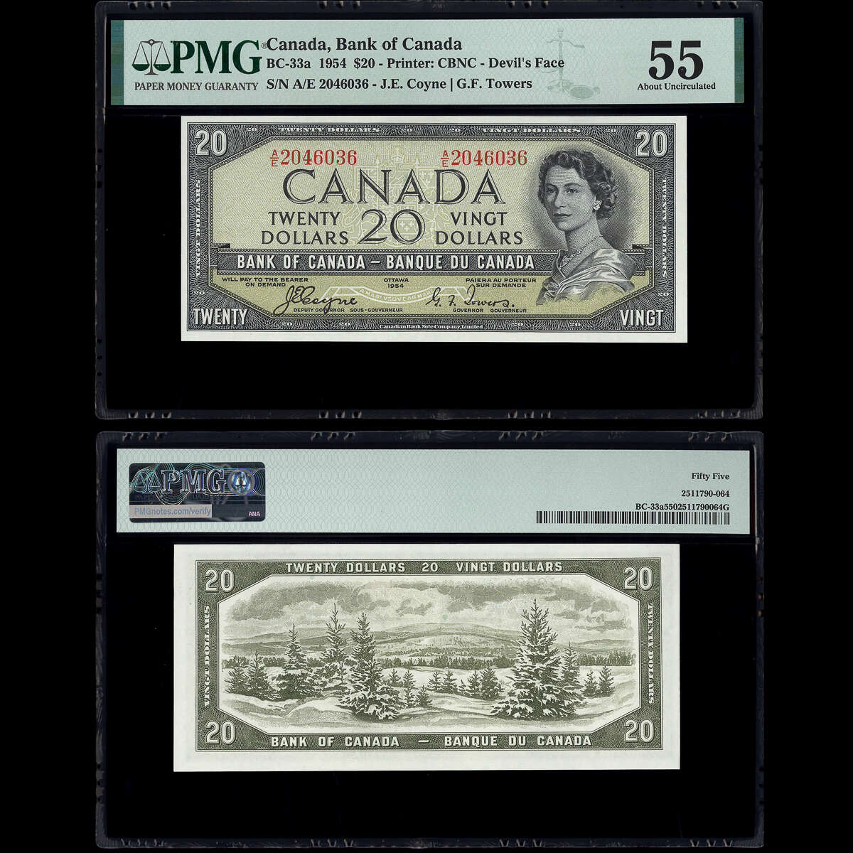 $20 1954 Devil's Face BC-33a Coyne-Towers Coyne-Towers Prefix A/E PMG AU-55