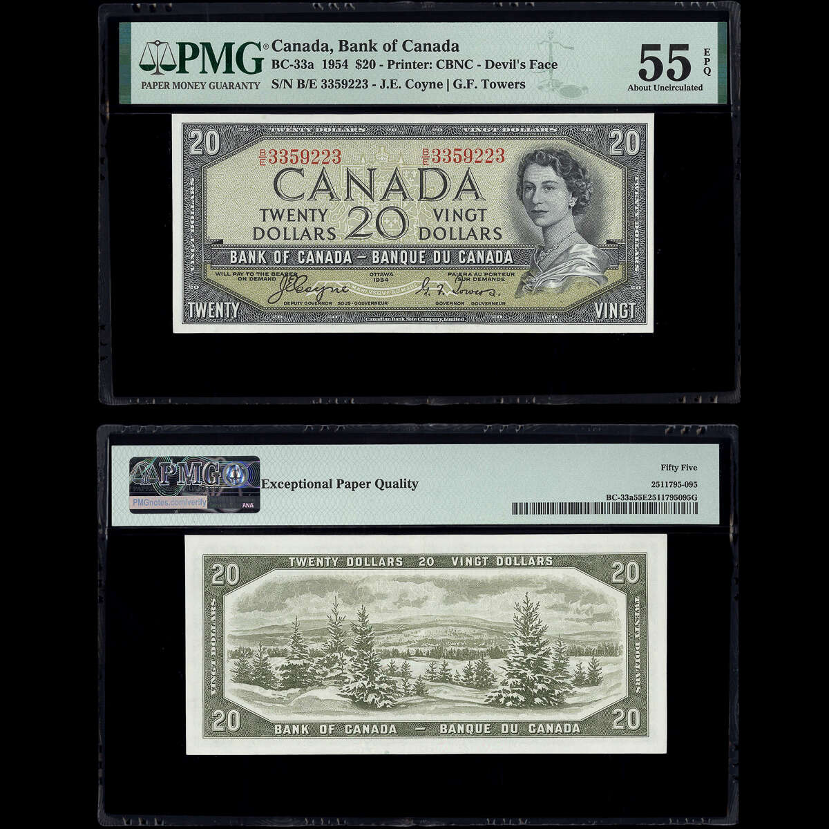 $20 1954 Devil's Face BC-33a Coyne-Towers Coyne-Towers Prefix B/E PMG AU-55