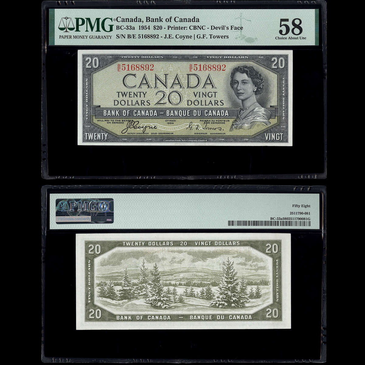 $20 1954 Devil's Face BC-33a Coyne-Towers Coyne-Towers Prefix B/E PMG AU-58