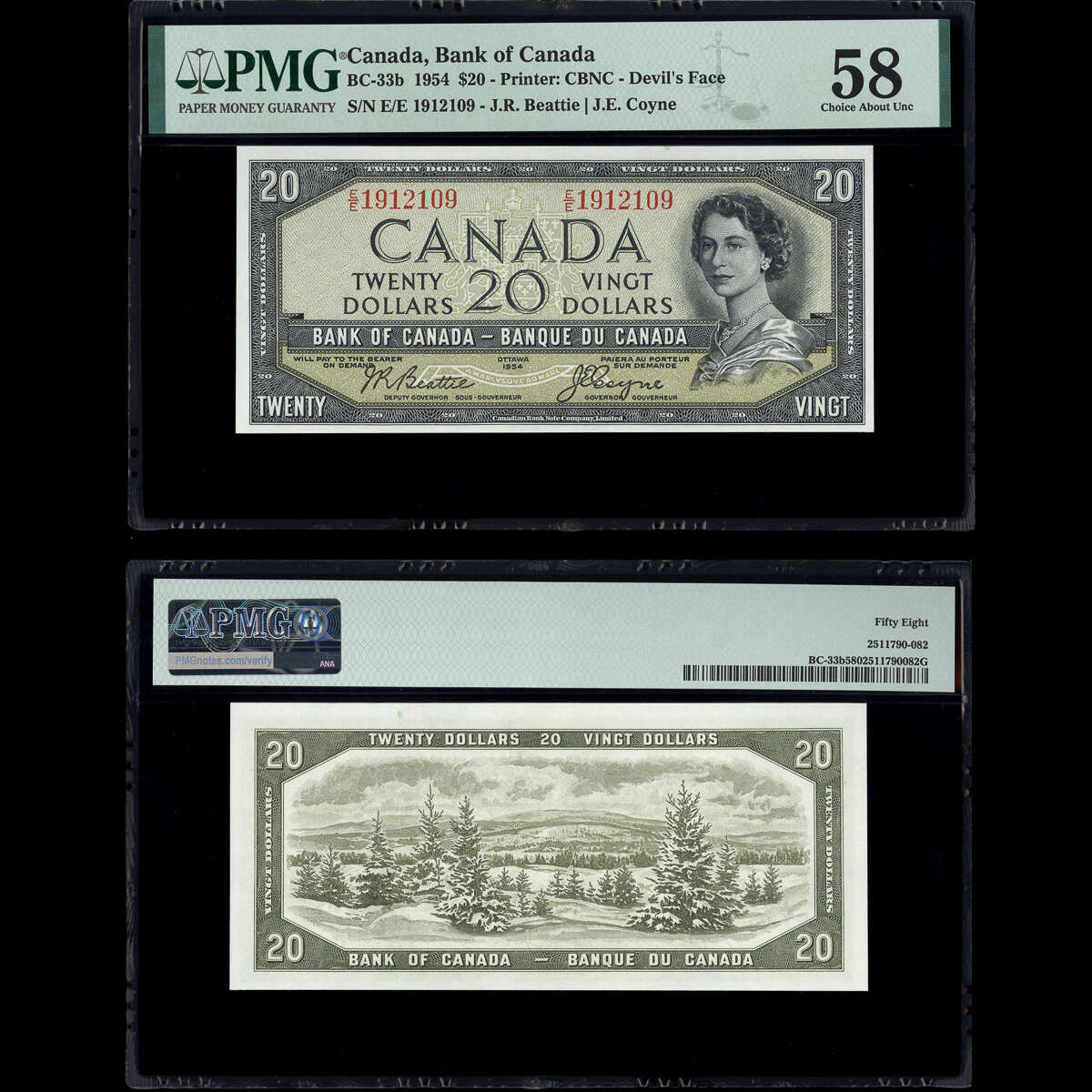 $20 1954 Devil's Face BC-33b Beattie-Coyne Beattie-Coyne Prefix E/E PMG AU-58