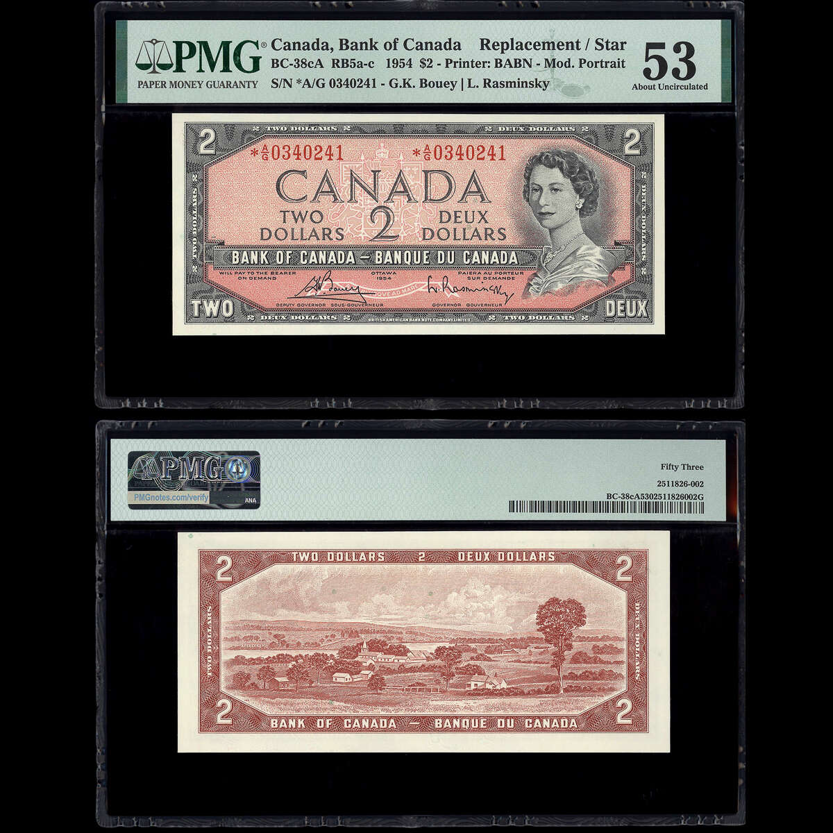 $2 1954 English Replacement BC-38cA RB5a-c Bouey-Rasminsky Bouey-Rasminsky Prefix *A/G PMG AU-53