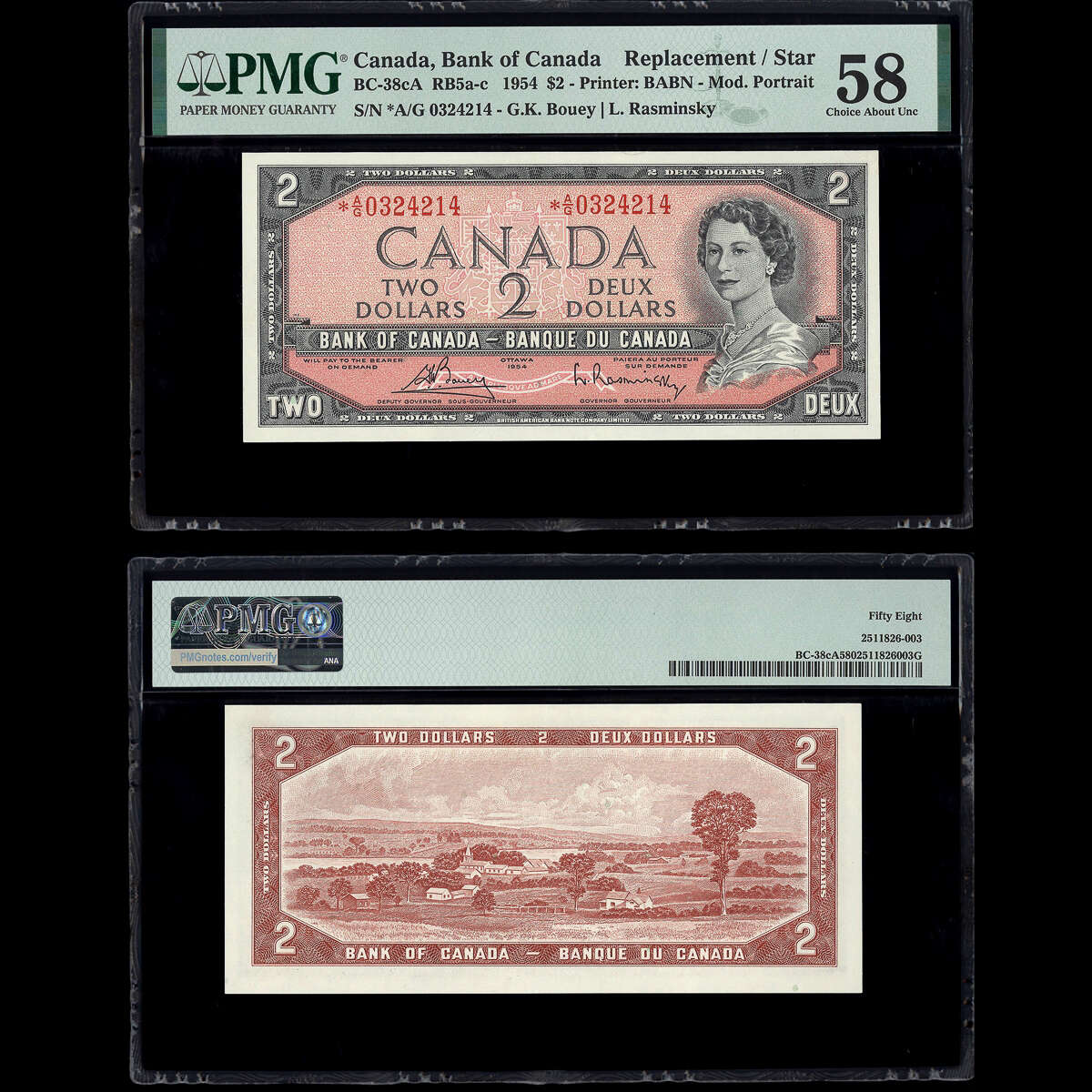 $2 1954 English Replacement BC-38cA RB5a-c Bouey-Rasminsky Bouey-Rasminsky Prefix *A/G PMG AU-58