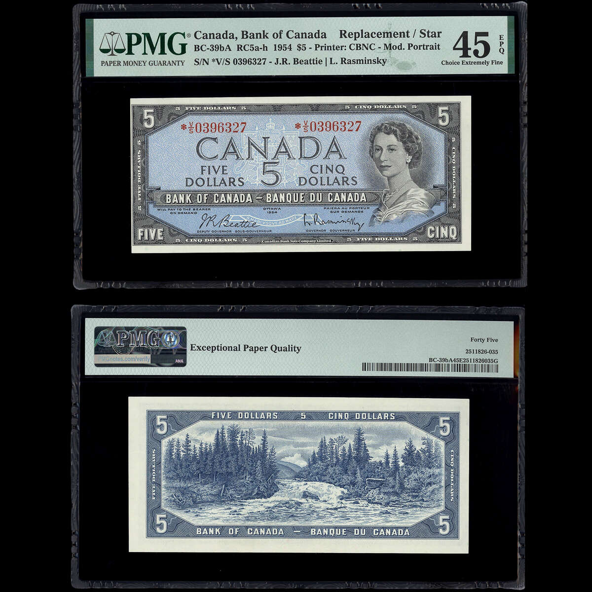 $5 1954 English Replacement BC-39bA RC5a-h Beattie-Rasminsky Beattie-Rasminsky Prefix *V/S PMG EF-45