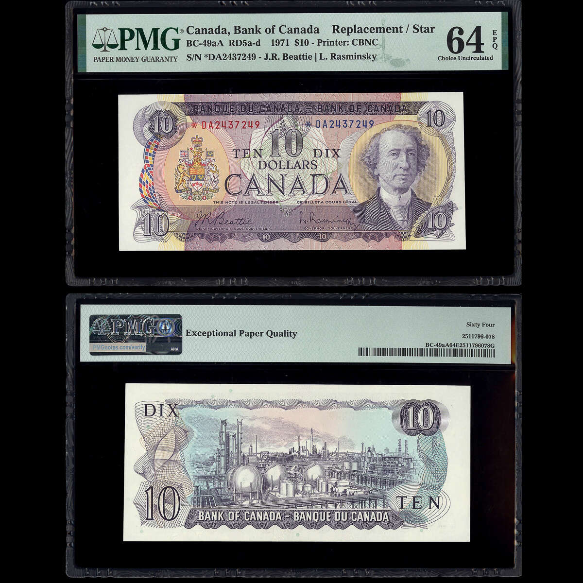 $10 1971 Replacement BC-49aA RD5a-d Beattie-Rasminsky Beattie-Rasminsky Prefix *DA PMG CUNC-64