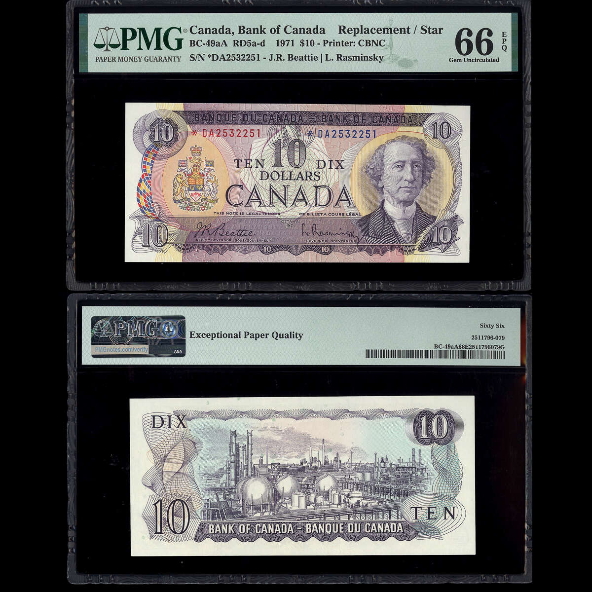 $10 1971 Replacement BC-49aA RD5a-d Beattie-Rasminsky Beattie-Rasminsky Prefix *DA PMG GUNC-66