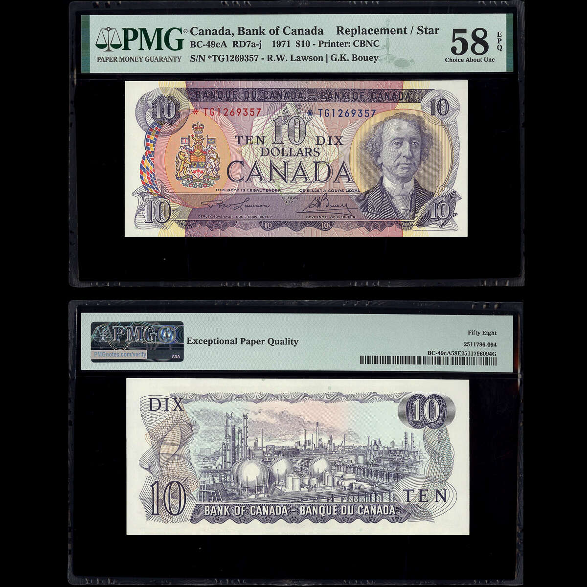 $10 1971 Replacement BC-49cA RD7a-j Lawson-Bouey Lawson-Bouey Prefix *TG PMG AU-58