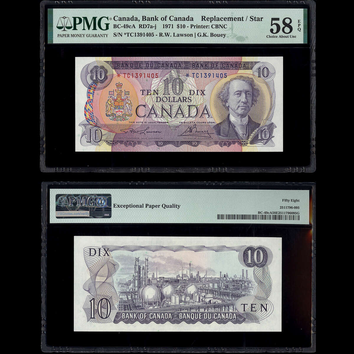 $10 1971 Replacement BC-49cA RD7a-j Lawson-Bouey Lawson-Bouey Prefix *TC PMG AU-58