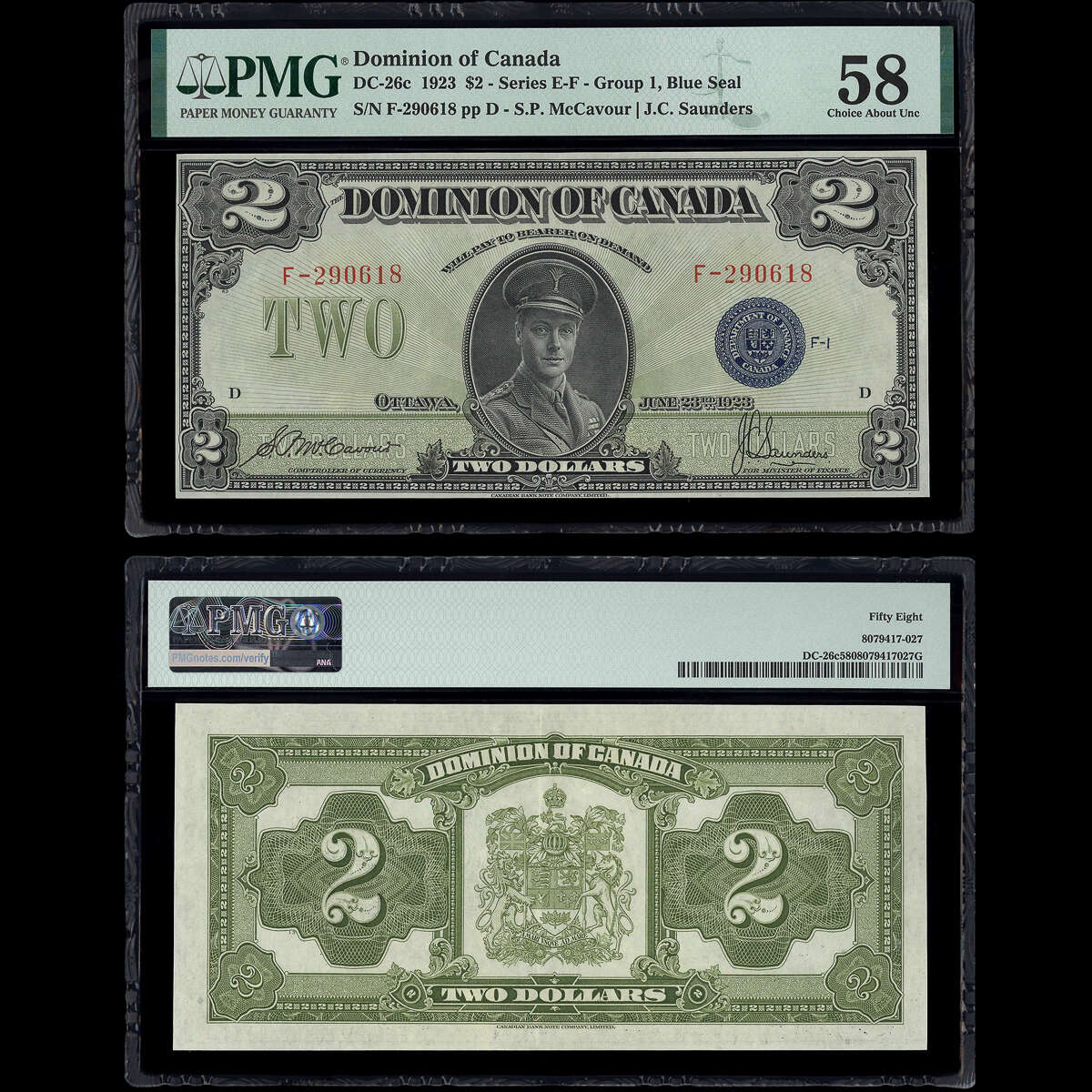 $2 1923 DC-26c McCavour-Saunders McCavour-Saunders Prefix F Suffix D PMG AU-58