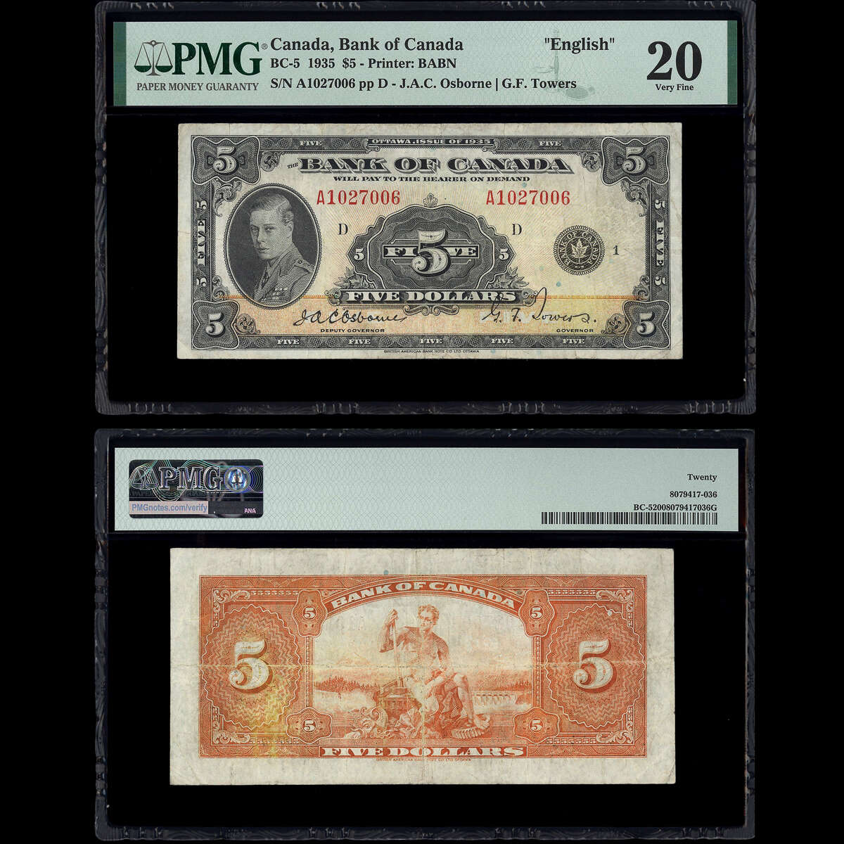 $5 1935 BC-5 Osborne-Towers Osborne-Towers Prefix A Suffix D PMG VF-20