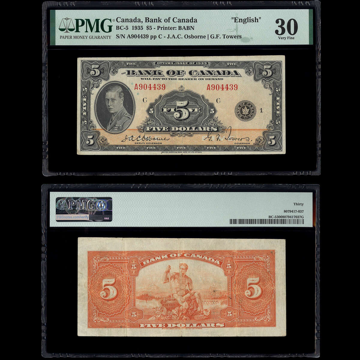 $5 1935 BC-5 Osborne-Towers Osborne-Towers Prefix A Suffix C PMG VF-30