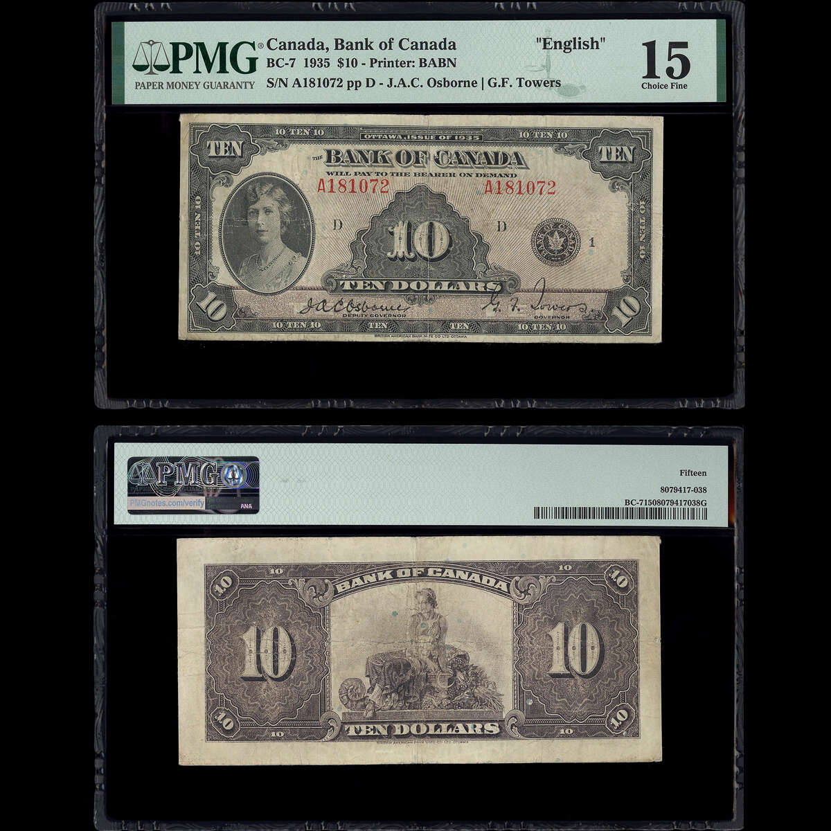 $10 1935 BC-7 Osborne-Towers Osborne-Towers Prefix A Suffix D PMG F-15