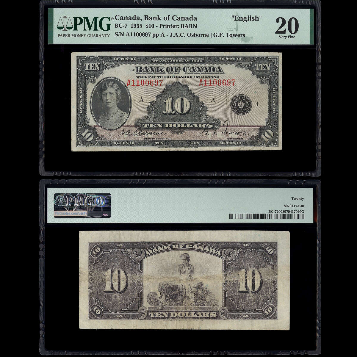 $10 1935 BC-7 Osborne-Towers Osborne-Towers Prefix A Suffix A PMG VF-20