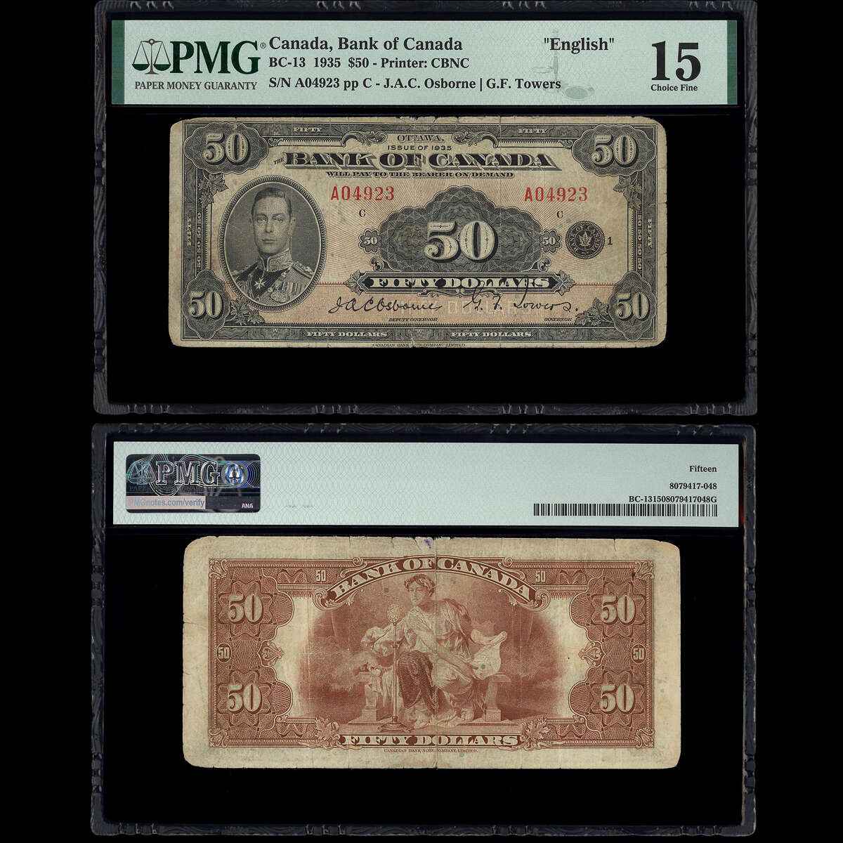 $50 1935 BC-13 Osborne-Towers Osborne-Towers Prefix A Suffix C PMG F-15