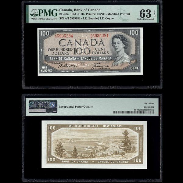 $100 1954 BC-43a Beattie-Coyne Beattie-Coyne Prefix A/J PMG CUNC-63