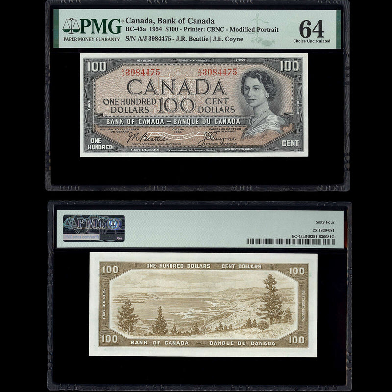 $100 1954 BC-43a Beattie-Coyne Beattie-Coyne Prefix A/J PMG CUNC-64