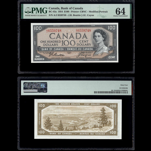 $100 1954 BC-43a Beattie-Coyne Beattie-Coyne Prefix A/J PMG CUNC-64