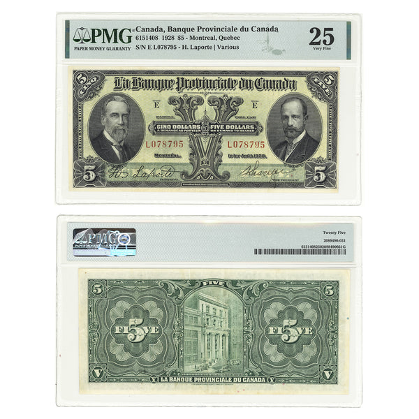 $5 1928 Banque Provinciale du Canada H.Laporte-Various PMG VF-25