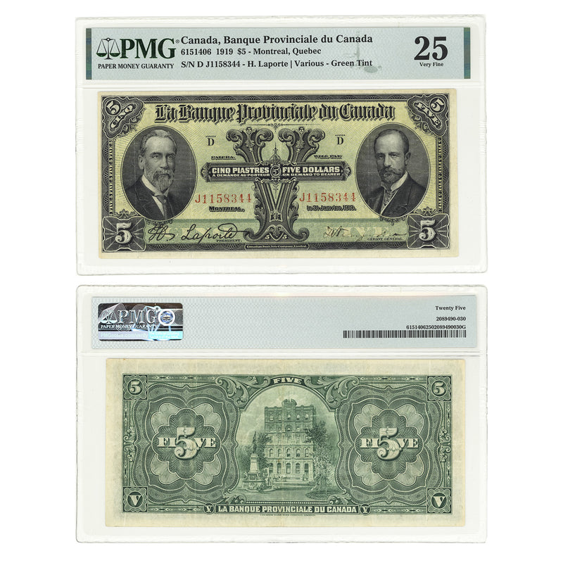 $5 1919 Banque Provinciale du Canada H.Laporte-Various - Green Tint PMG VF-25