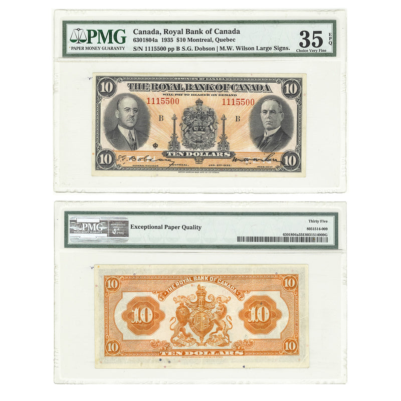 $10 1935 Royal Bank of Canada S.G.Dobson-M.W.Wilson (large signs) PMG VF-35