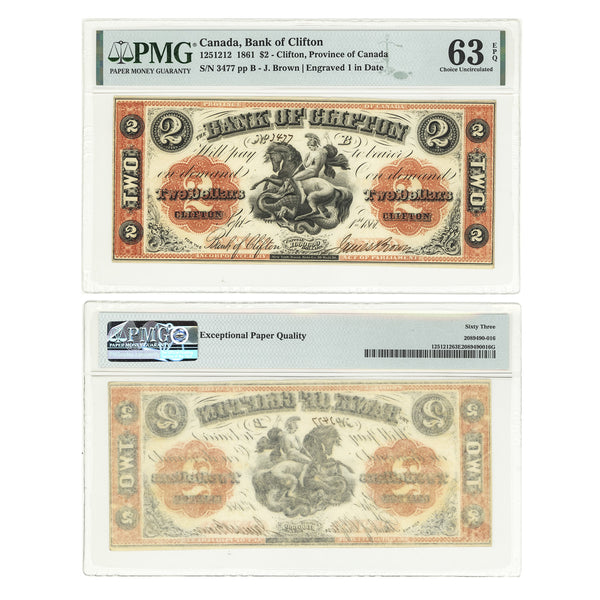 $2 1861 Bank of Clifton J.Brown-Engraved 1 in date PMG CUNC-63
