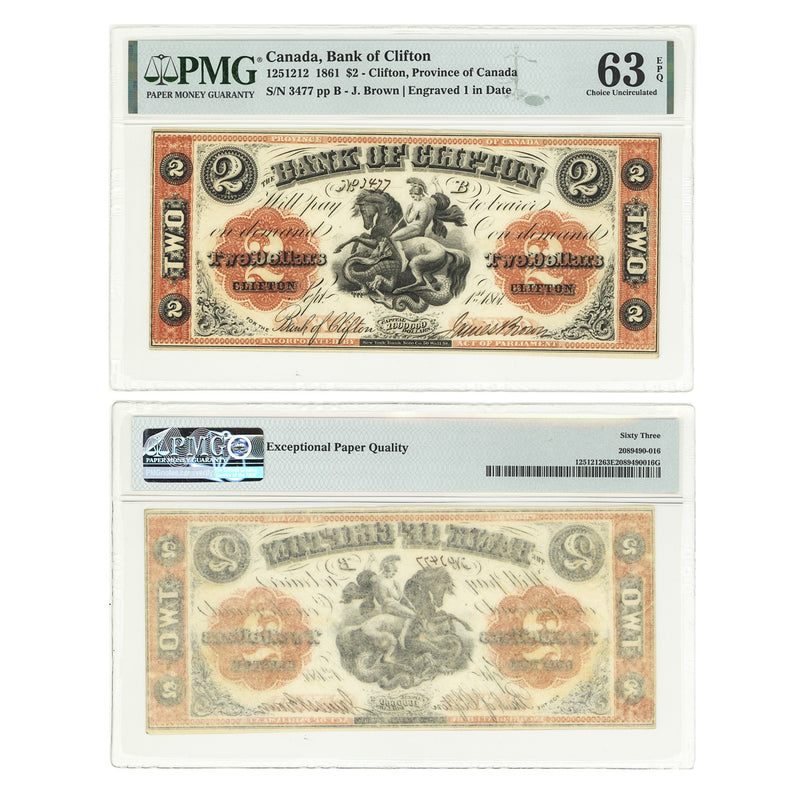 $2 1861 Bank of Clifton J.Brown-Engraved 1 in date PMG CUNC-63