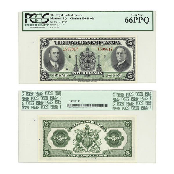 $5 1935 Royal Bank of Canada S.G.Dobson-M.W.Wilson (large signs) PCGS GUNC-66