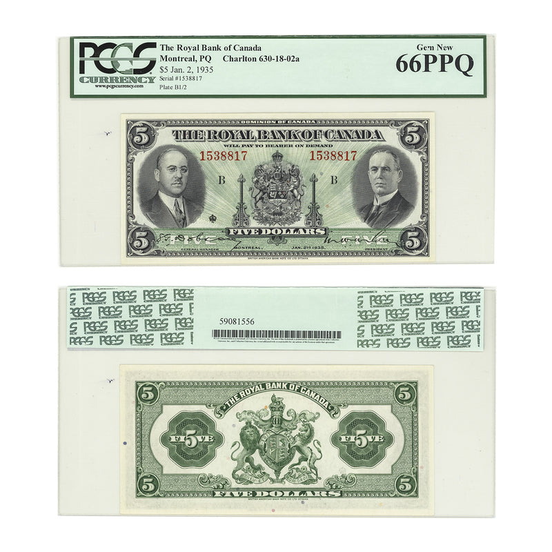 $5 1935 Royal Bank of Canada S.G.Dobson-M.W.Wilson (large signs) PCGS GUNC-66