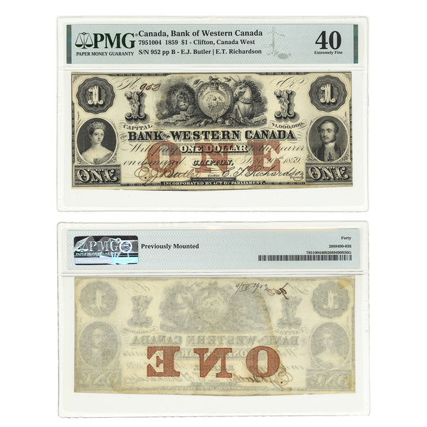$1 1859 Bank of Western Canada E.J.Butler-E.T.Richardson PMG EF-40