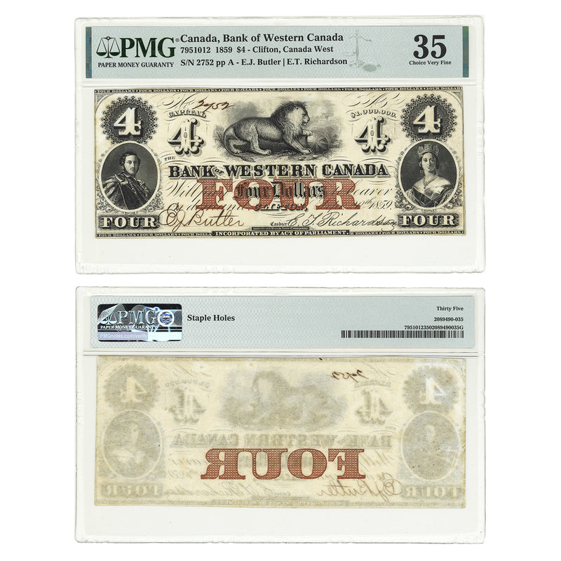 $4 1859 Bank of Western Canada E.J.Butler-E.T.Richardson PMG VF-35