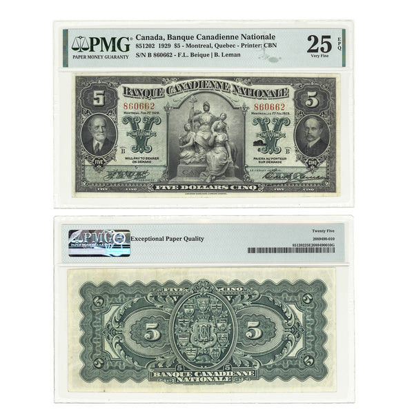 $5 1929 Banque Canadienne Nationale F.L.Beique-B.Leman PMG VF-25