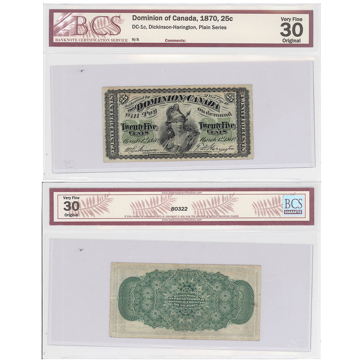 25 cent 1870 W.Dickson-T.D.Harington Series Plain BCS VF-30