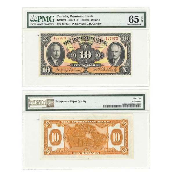 $10 1935 Dominion Bank D.Dawson-C.H.Carlisle PMG GUNC-65