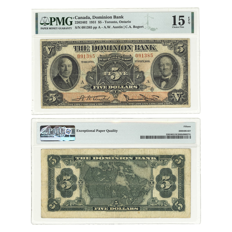 $5 1931 Dominion Bank A.W.Austin-C.A.Bogert PMG F-15