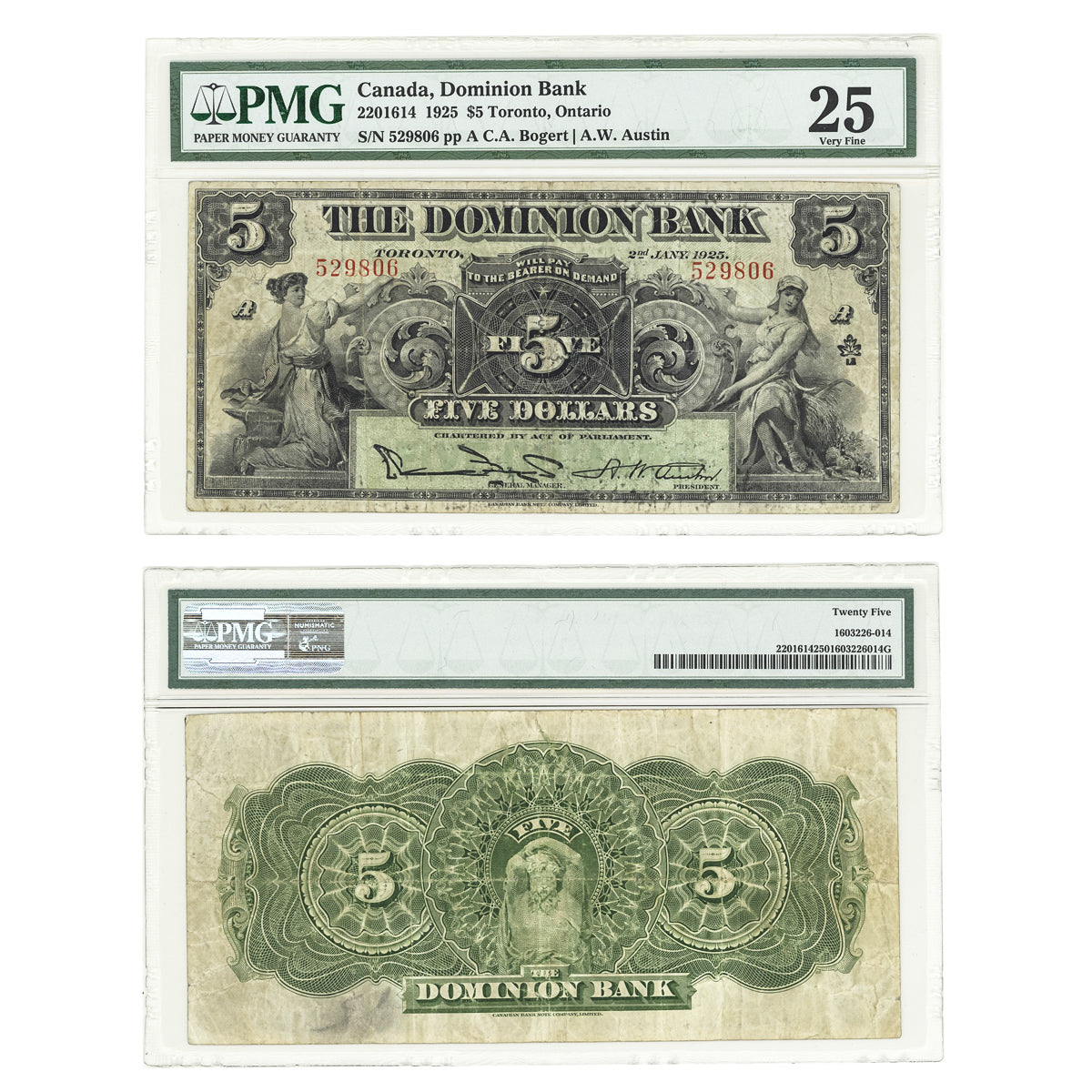 $5 1925 Dominion Bank C.A.Bogert-A.W.Austin PMG VF-25