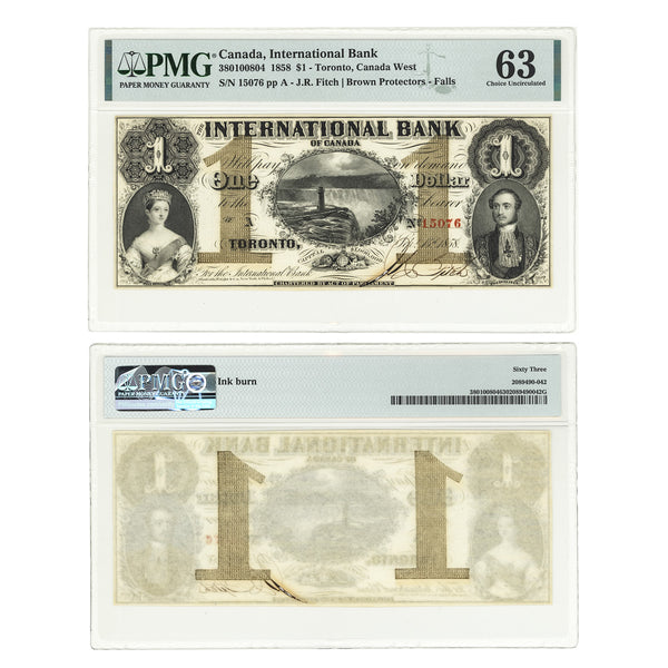 $1 1858 International Bank J.R.Fitch-Brown Protectors - Falls PMG CUNC-63