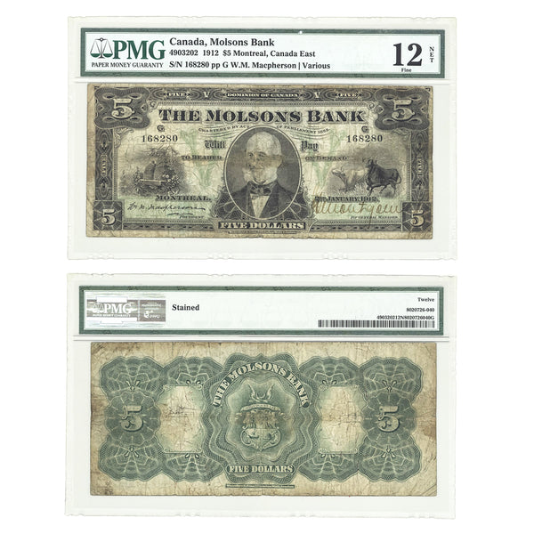 $5 1912 Molsons Bank G W.M.Macpherson-Various PMG F-12