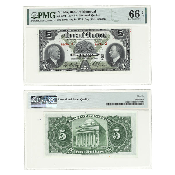 $5 1935 Bank of Montreal Bog-Gordon PMG GUNC-66